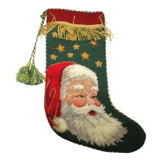 Vintage Ornate Christmas Gold Fringe & Tassels Needlepoint Santa Stocking For Sale