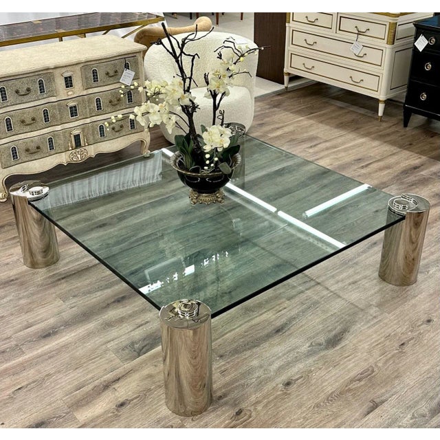 Mid-Century Modern Karl Springer Signed Chrome Coffee, Cocktail Table, Glass Top For Sale - Image 4 of 13