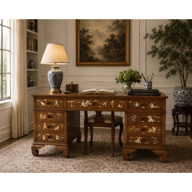This striking mid-century desk was produced in Hong Kong by Majestic Co., Manufacturers & Exporters, a well-documented...