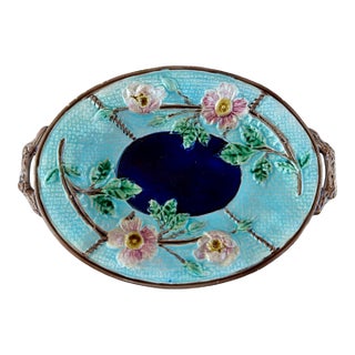 1880s Antique Victorian Majolica Serving Tray Catchall With Floral Relief For Sale