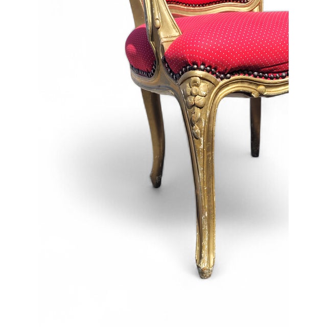 Vintage French Louis XV Style Giltwood Armchair with Rococo Carved Frame and Nailhead Trim, 1940s For Sale - Image 4 of 17