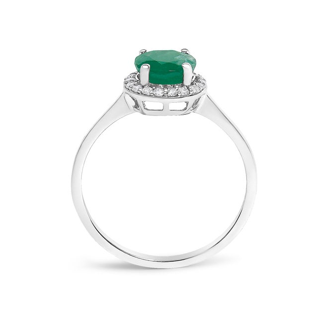 Early 21st Century 10K White Gold Green Emerald and 1/10 Cttw Diamond Halo Ring For Sale - Image 5 of 7