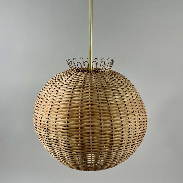 Mid-Century Modern Swedish Ball Rattan and Brass Pendant Light, 1950s For Sale - Image 3 of 16