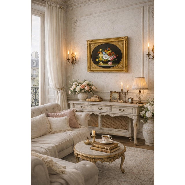 Classic mid-20th-century floral still life presented in an ornate gilt wood frame with an oval cartouche opening. The...