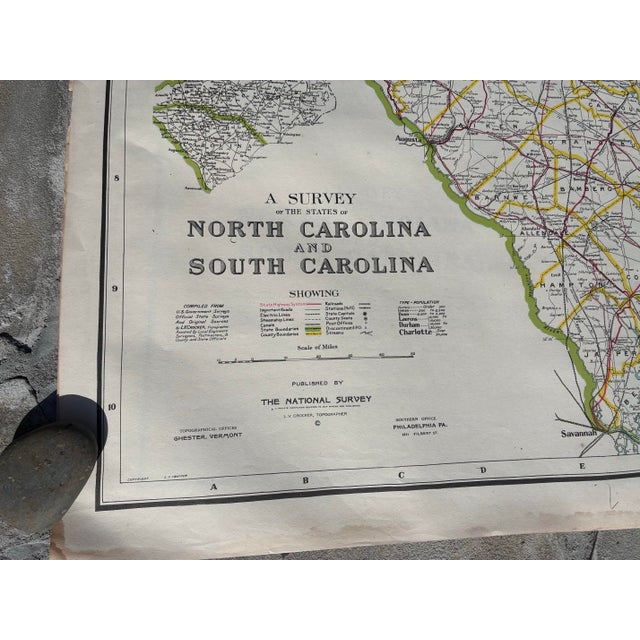 Paper Antique 1914 Map of North and South Carolina by the National Survey Co Topographical Offices I. V. Crocker For Sale - Image 7 of 12