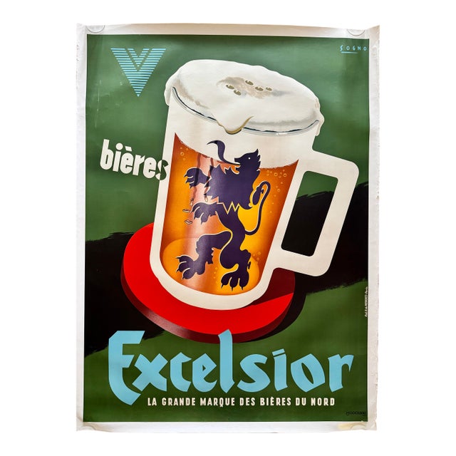 Excelsior Beer Advertising Poster German 1940s Linen Backed Very Rare 46x63” For Sale