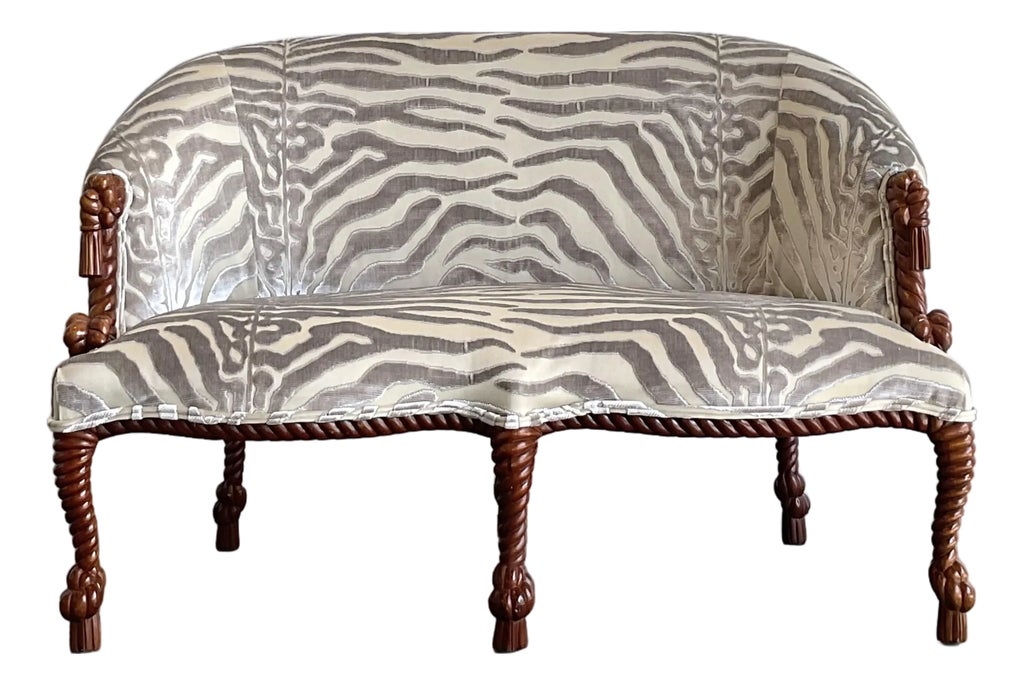 Vintage Carved Rope and Knot Loveseat in Scalamandre Tiger Devore
