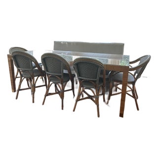 Serena & Lily Balboa Rattan Dining Table and 5 Riviera Chairs With Lee Industries Bench For Sale
