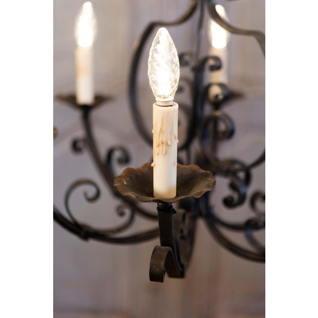 Mid 20th Century French Six Light Wrought Iron Chandelier with Cascading Scrolls, USA Wired For Sale In Atlanta - Image 6 of 10