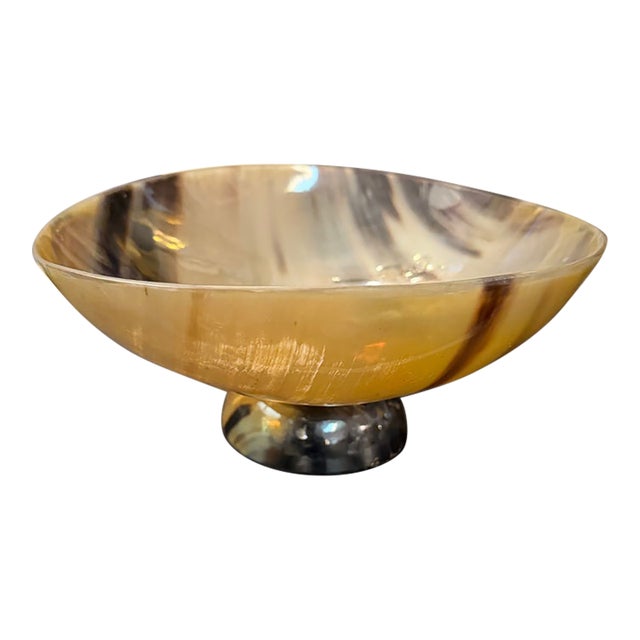 Hand Carved Horn Bowl With Horn Handles and Base For Sale