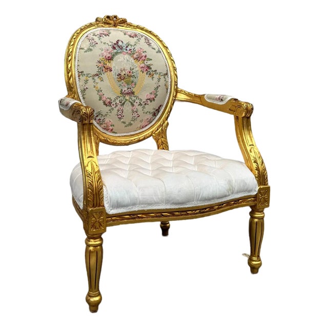 White Velvet Chair Tufted With Gold Leaf Details French Style For Sale