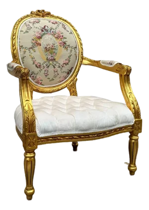 White Velvet Chair Tufted With Gold Leaf Details French Style