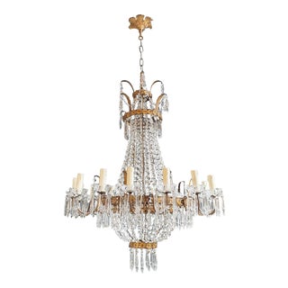 Vintage Brass Empire Sac a Pearl Crystal Lustre Chandelier For Sale
