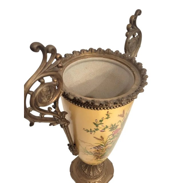 Metal Vintage French Ceramic Metal Covered Floral Yellow Red Extra Tall Urn Decorative Jar For Sale - Image 7 of 12