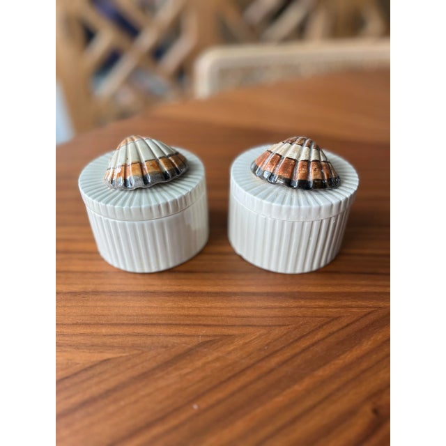 1970s Fitz and Floyd Hand-Painted Seashell Ceramic Canisters-a Pair For Sale In Houston - Image 6 of 6