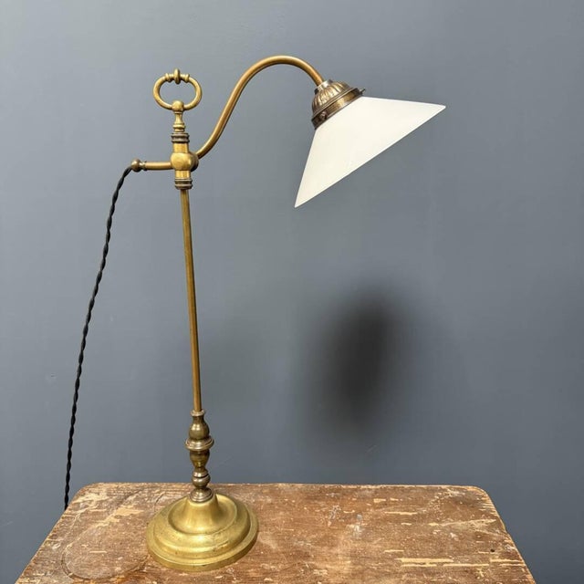 Goldenrod Adjustable Brass Table Lamp with Opaline Glass Shade For Sale - Image 8 of 15