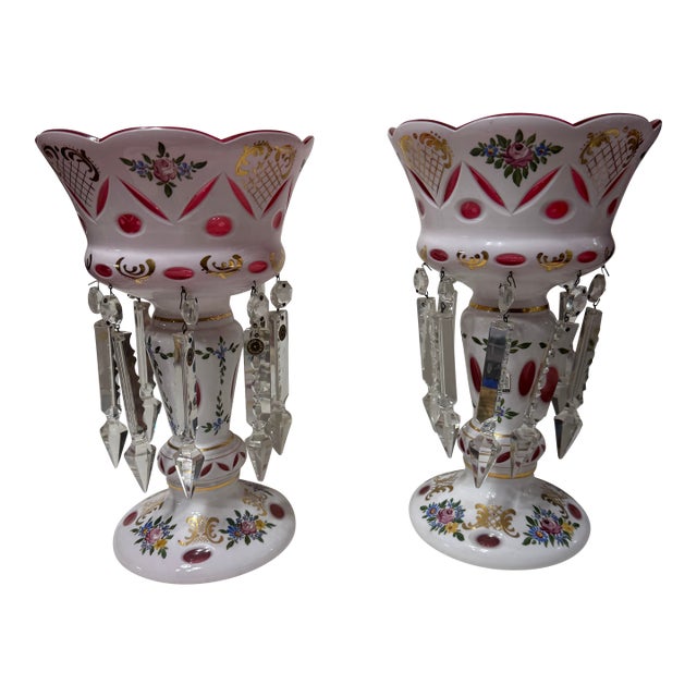 Pair of Large Bohemian Style Cranberry Cut to Clear Mantel Lusters For Sale