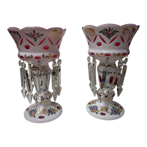 Pair of Large Bohemian Style Cranberry Cut to Clear Mantel Lusters