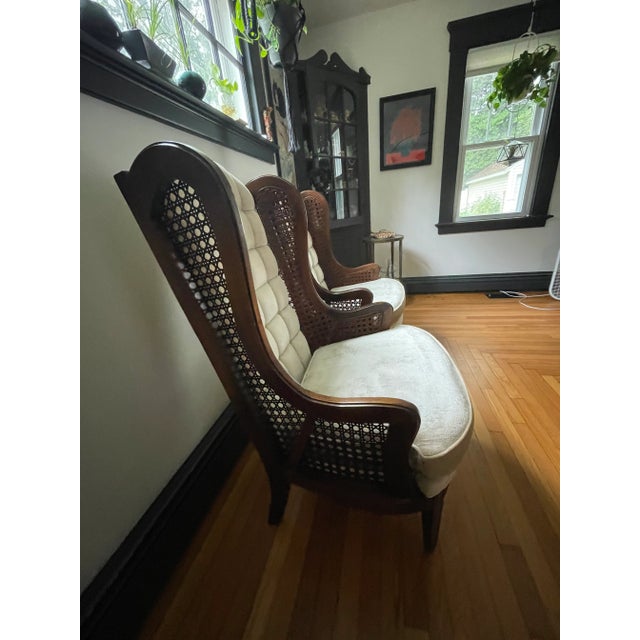 Mid 20th Century LeWittes 1970’s Caned Wingback Velvet Chairs Pair For Sale - Image 5 of 16