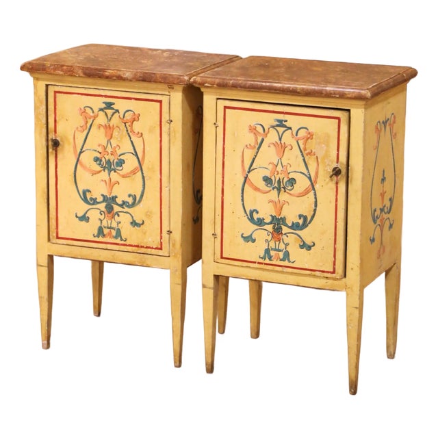 Pair of 19th C. Italian Neoclassical Painted Nightstands With Faux Marble Tops For Sale