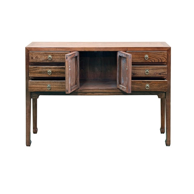 Asian 47" Brown Wood Grain Pattern Drawers Console Side Altar Table For Sale - Image 3 of 14