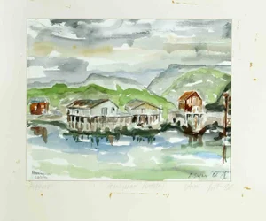 Armin Guther, View of Henningsvaer Lofoten, Watercolor, 1986