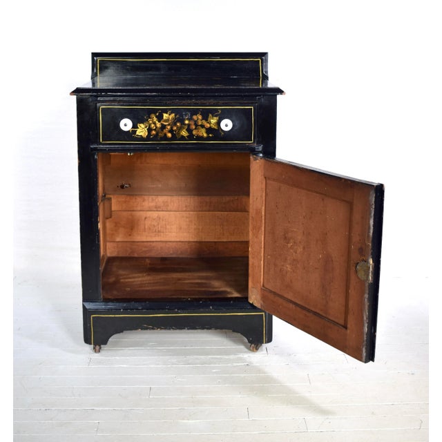 American mid 19th c. hand painted wash stand cabinet with single dovetail drawer and shelf with working lock & key in the...