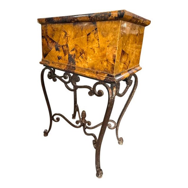 Amber Vintage Tessellated Burl Wood Table on Wrought Iron Base For Sale - Image 8 of 8