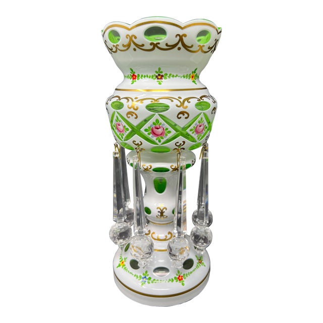 Vintage Bohemian Czech Green Overlay Luster Vase With Crystal Prisms, Hand-Painted Roses, Hollywood Regency Mantel Decor For Sale