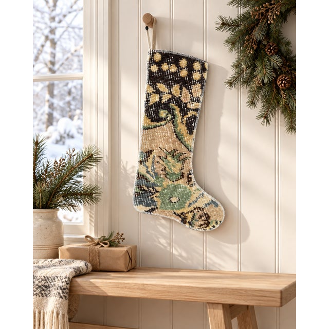 Boho Chic Vintage Turkish Hand-Knotted Wool Rug Christmas Stocking in Rustic Brown & Sage For Sale - Image 3 of 6