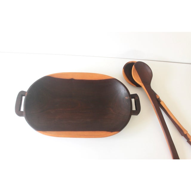 1970s Vintage Carved Exotic Wood Serving Dish With 2 Spoons Salad Bowl For Sale - Image 5 of 11