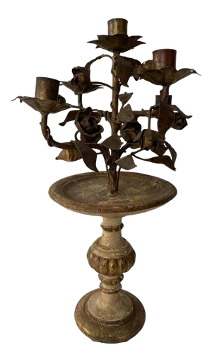 Antique Italian Gilded Wood and Tole Candelabra for 5 Candles