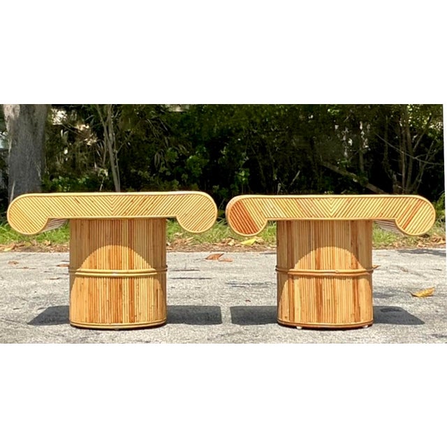 These striking vintage side tables are a masterful embodiment of 1970s Organic Modernism and Hollywood Regency flair....