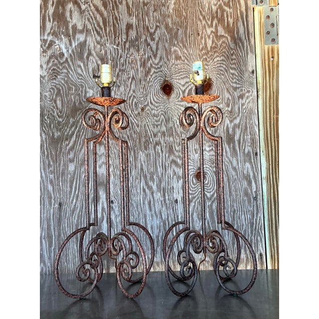 Vintage Boho Scroll Metal Column Lamps - a Pair For Sale - Image 9 of 9