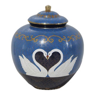 Large Chinese Double Swan Cloisonne Companion Urn For Sale