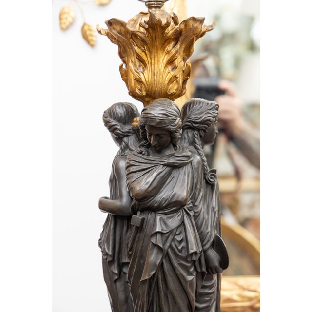 Mediterranean Pair of 19th Century Bronze and Parcel Gilt Sculptures of the Three Graces Electrified For Sale - Image 3 of 6