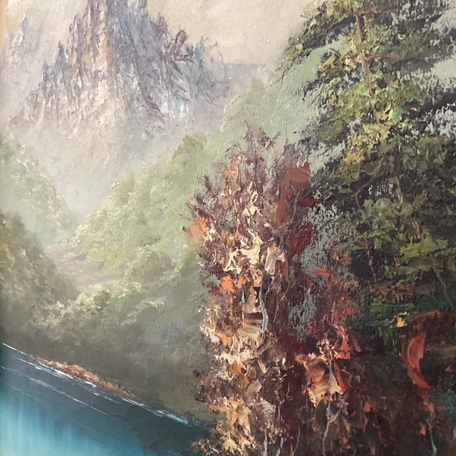 Blue Mid 20th Century Painting on Canvas “Misty Mountain“ Signed Framed For Sale - Image 8 of 12