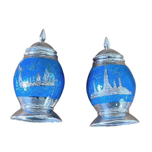 Vintage Mid-Century Modern Siam Sterling Silver Blue Guilloche Enamel Salt and Pepper Shakers For Sale - Image 4 of 6