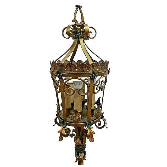Early 20th Century Venetian Revival Polychrome Iron Torchiere Lanterns Floor Lamps - Pair For Sale - Image 4 of 12
