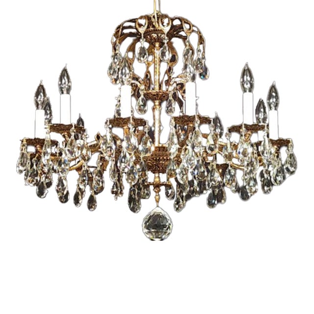 1950s Huge Vintage French Brass 12 Arm 12 Light Cut Lead Crystal Chandelier For Sale