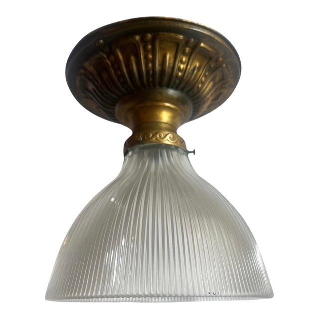 Single Fluted Holophane Fixture Old Brass Embossed Holder in Original Patina, Circa 1920 For Sale