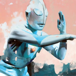 Ultraman by Alpay Efe | Oil on canvas depiction of a blue superhero figure For Sale