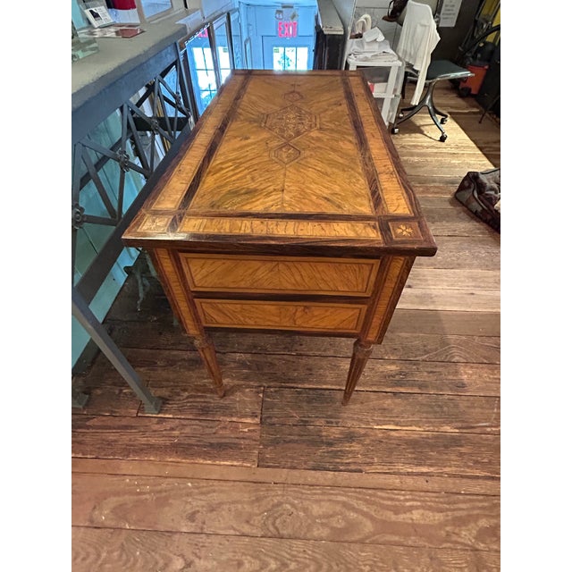 Wood Neoclassical Mixed Wood Marquetry Italian Antique Writing Desk For Sale - Image 7 of 14