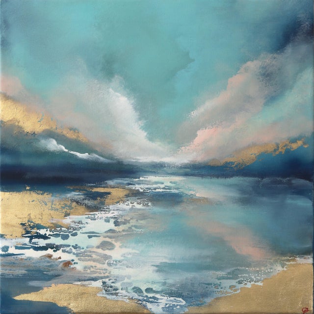 Gentle Shores - Original Abstract Seascape Painting on Canvas With Gold Leaf by Charlotte Elizabeth For Sale - Image 4 of 10