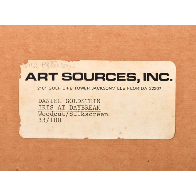 1980s Original Signed “Iris at Daybreak” and “Iris at Dusk” Framed Woodcut Silkscreens by D. Goldstein, a Pair For Sale - Image 10 of 12