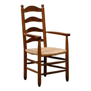 Vintage Armchair in Oak and Straw in the style of Charlotte Perriand, 1950 For Sale
