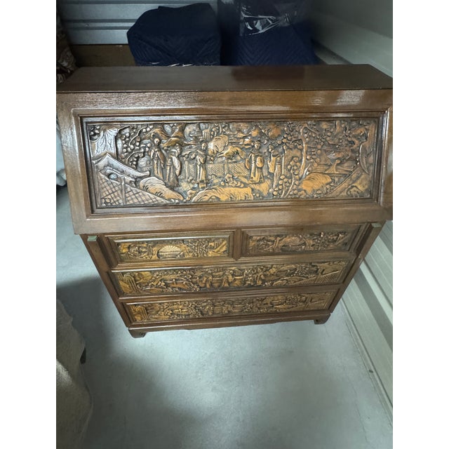 Own a breathtaking piece of functional art. This vintage secretary desk features exceptionally detailed, hand-carved...