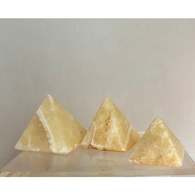 Set of 3 Orange Calcite Pyramid: Natural Abundance Stone, Meditation Decor 2-2.5” tall in Excellent Condition.