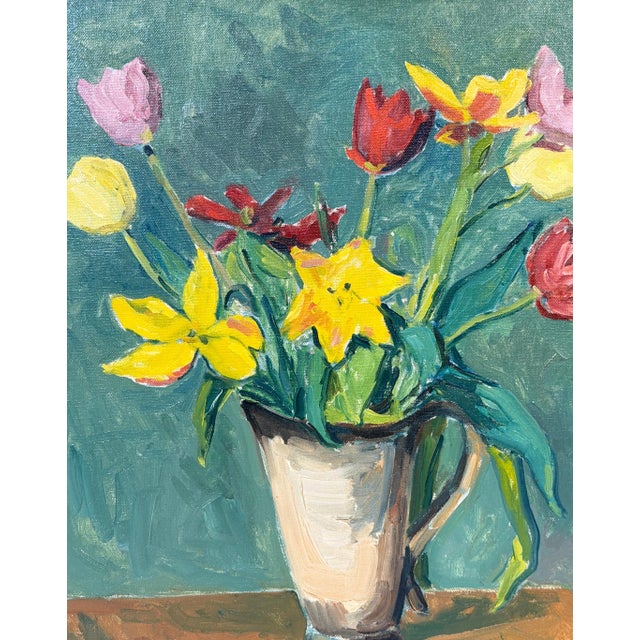 Modern European Modernist Spring Still Life with Daffodils and Tulips, Signed "PS '41" For Sale - Image 3 of 15