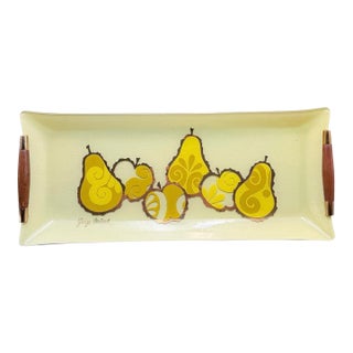 Vintage Georges Briard MCM Yellow Pear Fruit Curved Glass Tray With Wood Handles – Signed For Sale